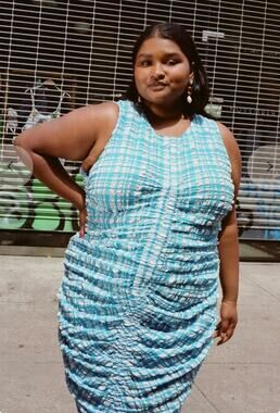 Wray Josephine Dress Ruched Midi Lightweight  Stretch Colorful Ocean Gingham 5XL